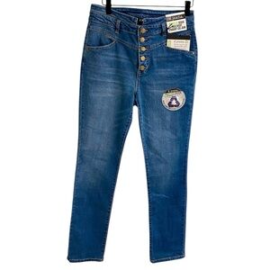 D. JEANS HIGH WAIST STRAIGHT LEG JEANS SIZE 8 SUSTAINABLE RECYCLED BUTTON FRONT